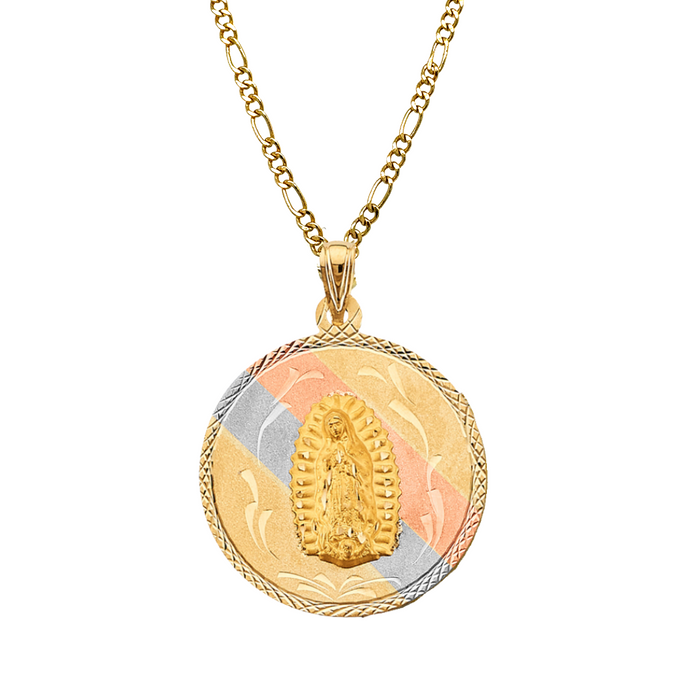 14k Gold Jesus Necklace - Tri Tone Double Sided Virgin Mary Sacred Heart Jesus Gold Pendant - Solid Chain - LE3142