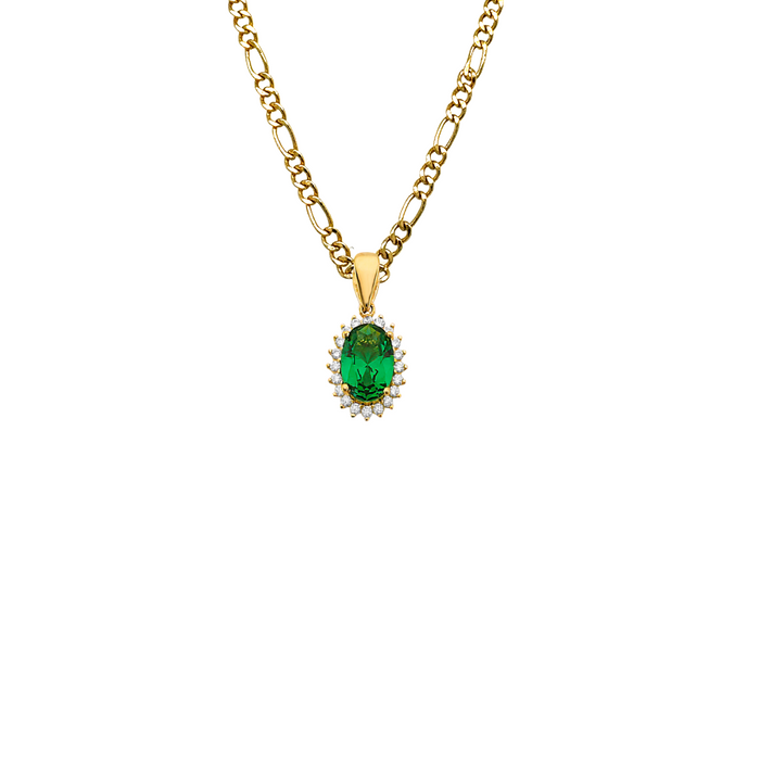 14k Gold Birthstone Necklace - May Oval Gemstone Gold Pendant - Solid Chain - LE303705