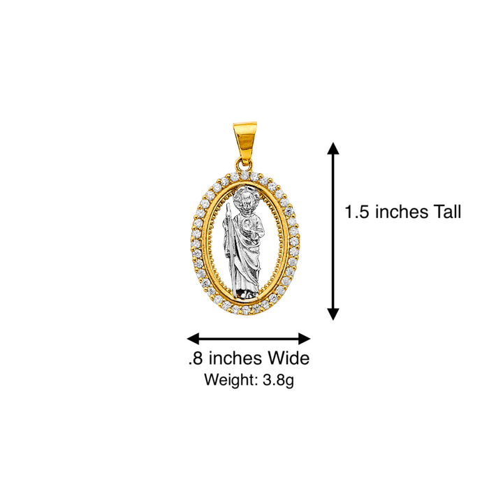 14k Gold San Judas Chain - Two Tone Oval Gemstone San Judas Pendant - Solid Chain - LE3075