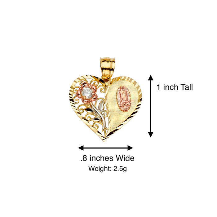 14k Gold Virgin Mary Necklace - Tri Tone Heart Flower Gemstone Virgin Mary Gold Pendant - Solid Chain - LE2311