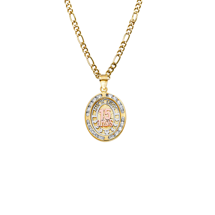 14k Quince Gold Necklace - Two Tone Oval Gemstone Mis 15 Años Gold Pendant - Solid Chain - LE2527