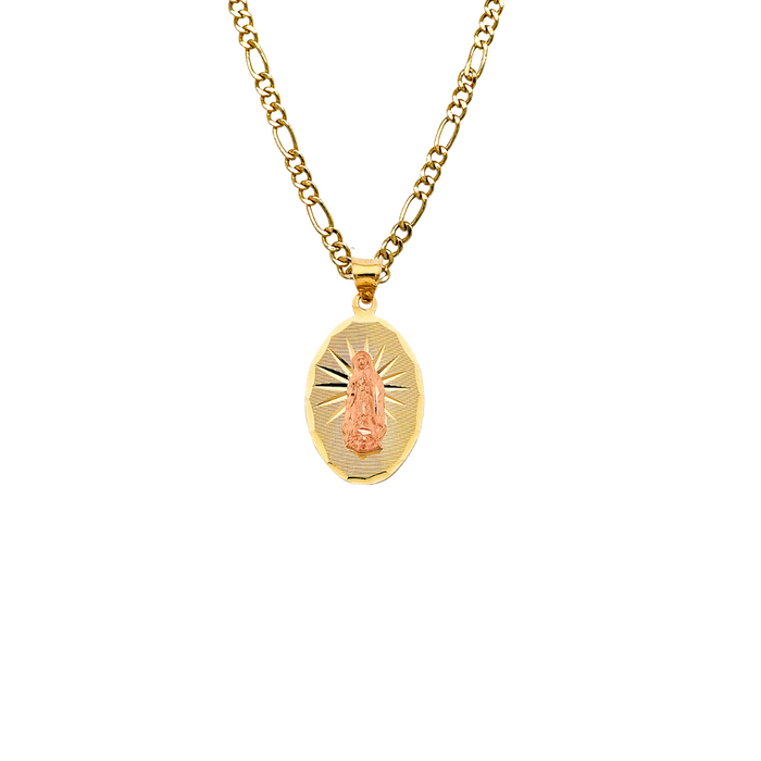 14k Gold Virgin Mary Necklace - Diamond Cut Oval Virgin Mary Gold Pendant - Solid Chain - LE2904
