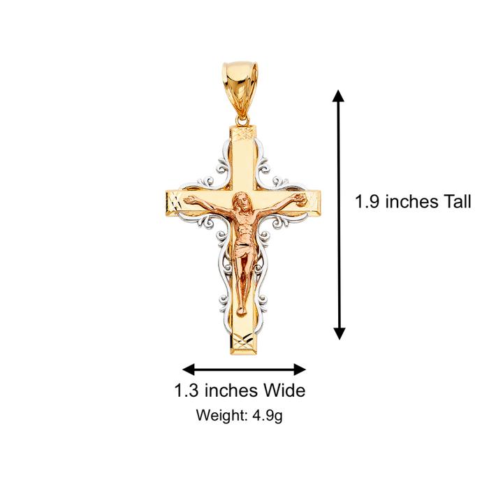 14k Gold Cross Necklace - Tri Tone Fancy Ornate Large Gold Crucifix - Solid Figaro Chain - LE0973