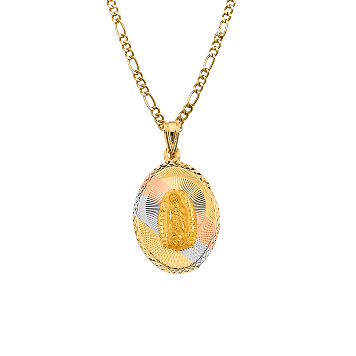 14k Gold Virgin Mary Necklace - Tri Tone Diamond Cut Double Sided Virgin Mary Sacred Heart Gold Pendant - Solid Chain - LE3149