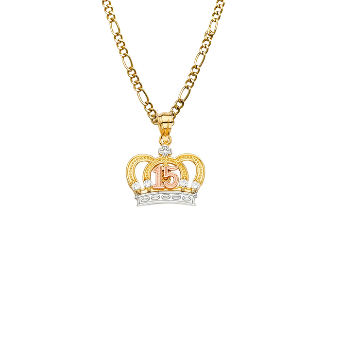 14k Quince Gold Necklace - Tri Tone Gemstone Crown 15 Gold Pendant - Solid Chain - LE2147
