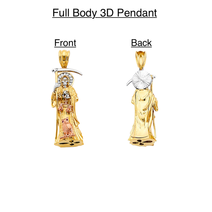 14k Gold Santa Muerte Necklace - Large 3D Full Body Gemstone Halo Santa Muerte Gold Pendant - Solid Chain - LE3009