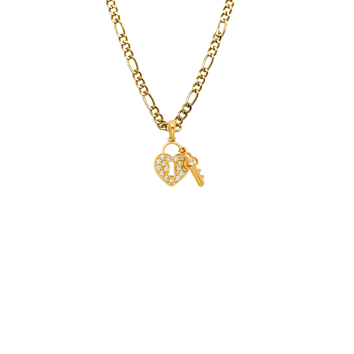 14k Gold Heart Necklace - Gemstone Key Heart Gold Pendant - Solid Chain - LE0551