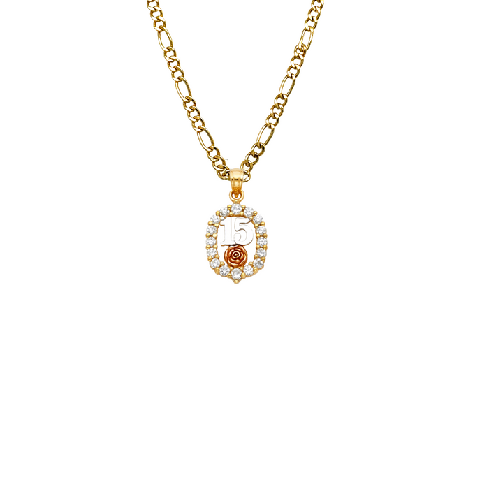 14k Quince Gold Necklace - Tri Tone Gemstone Rose Flower 15 Gold Pendant - Solid Chain - LE1879