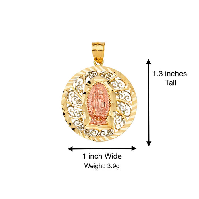 14k Gold Virgin Mary Necklace - Two Tone Diamond Cut Round Virgin Mary Gold Pendant - Solid Chain - LE2313