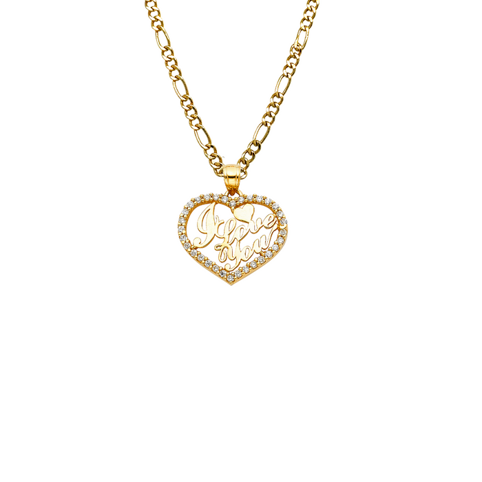 14k Gold Heart Necklace - I Love You Gemstone Gold Heart Pendant - Solid Chain - LE1816