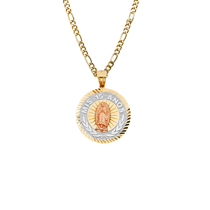 14k Quince Gold Necklace - Tri Tone Virgin Mary Mis 15 Años Gold Pendant - Solid Chain - LE1897