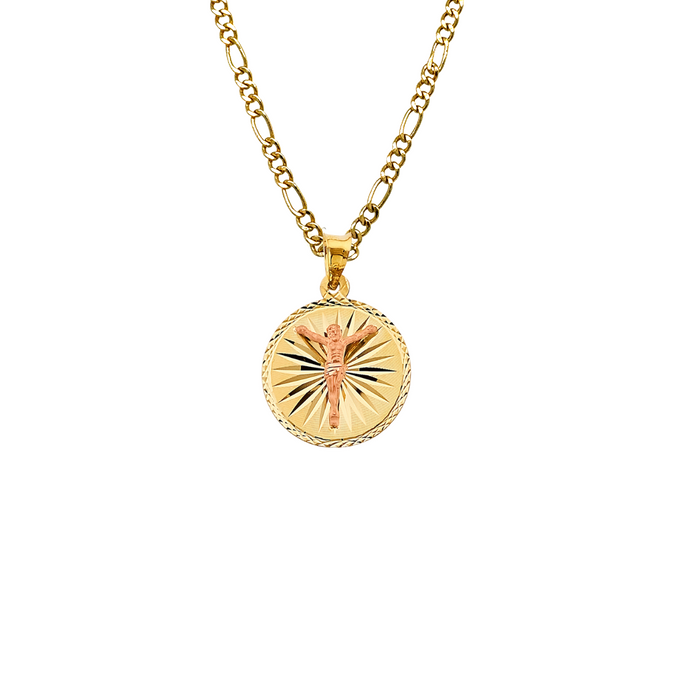 14k Gold Jesus Necklace - Two Tone Diamond Cut Round Jesus Gold Pendant - Solid Chain - LE2898
