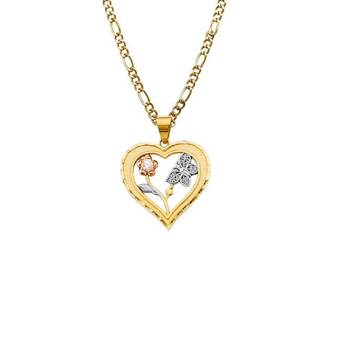 14k Gold Heart Necklace - Tri Tone Gemstone Flower Butterfly Gold Heart Pendant - Solid Chain - LE2926