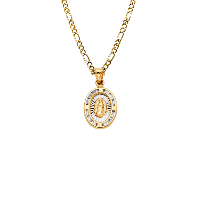 14k Gold Virgin Mary Necklace - Two Tone Gemstone Virgin Mary Gold Pendant - Solid Chain - LE0199