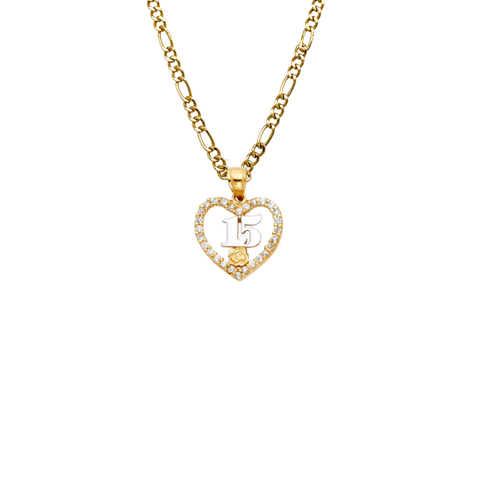 14k Quince Gold Necklace - Two Tone Gemstone Heart 15 Gold Pendant - Solid Chain - LE1877
