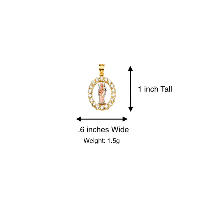 14k Gold Santa Muerte Necklace - Tri Tone Gemstone Santa Muerte Gold Pendant - Solid Chain - LE2252