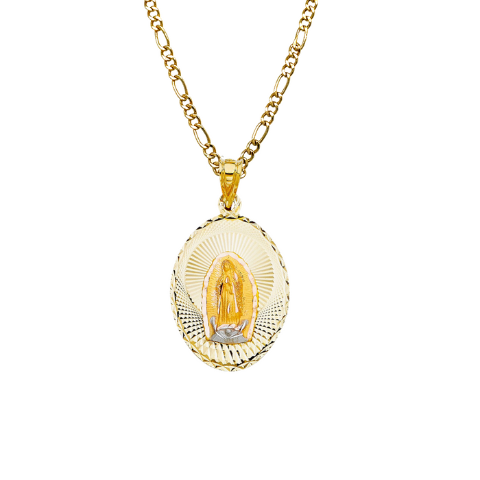 14k Gold Virgin Mary Necklace - Large Diamond Cut Oval Virgin Mary Gold Pendant - Solid Chain - LE0328