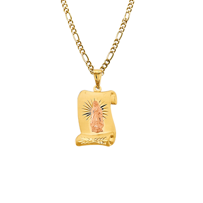 14k Gold Virgin Mary Necklace - Diamond Cut Scroll Virgin Mary Gold Pendant - Solid Chain - LE2893