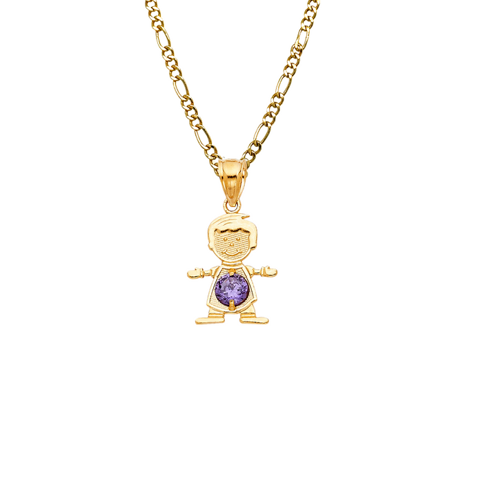 14k Gold Birthstone Necklace - February Boy Son Niño Gemstone Gold Pendant - Solid Chain - LE066102