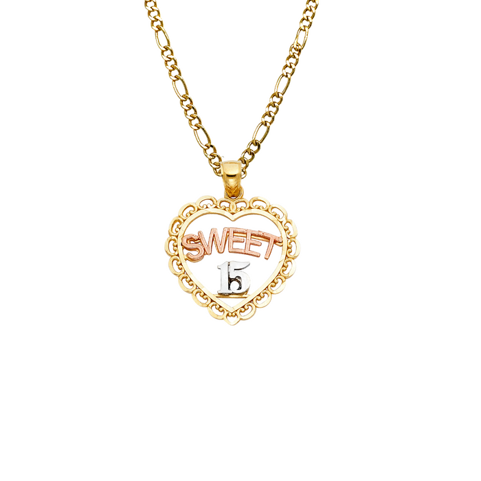 14k Quince Gold Necklace - Tri Tone Heart Sweet 15 Gold Pendant - Solid Chain - LE1905