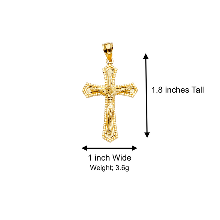 14k Gold Cross Necklace - Dotted Edge Gold Crucifix - Solid Figaro Chain - LE2182