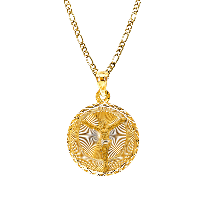 14k Gold Jesus Necklace - Diamond Cut Round Jesus Gold Pendant - Solid Chain - LE2883