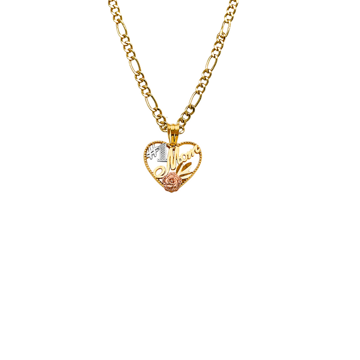 14k Gold Mom Necklace - #1 Mom Tri Tone Heart Gold Pendant - Solid Chain - LE2699