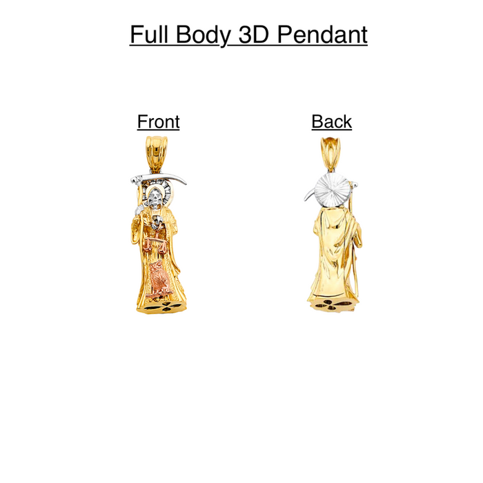 14k Gold Santa Muerte Necklace - 3D Full Body Gemstone Halo Santa Muerte Gold Pendant - Solid Chain - LE3010