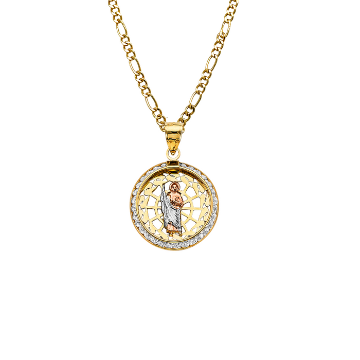 14k Gold San Judas Chain - Round Gemstone San Judas Gold Pendant - Solid Chain - LE3050