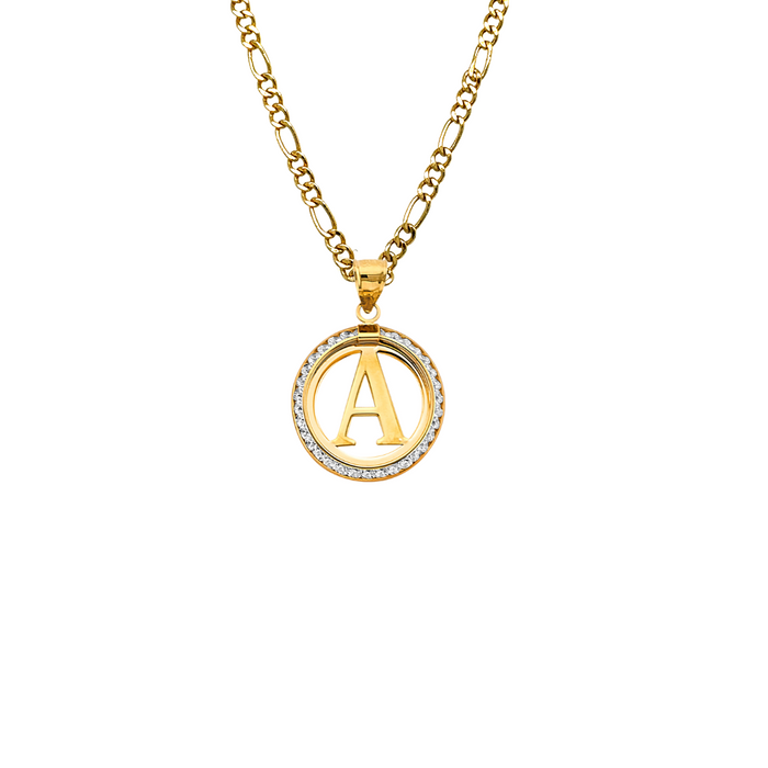 14k Gold Initial Necklace - Round Gemstone Initial Gold Pendant - Solid Figaro Chain - LE3242FC