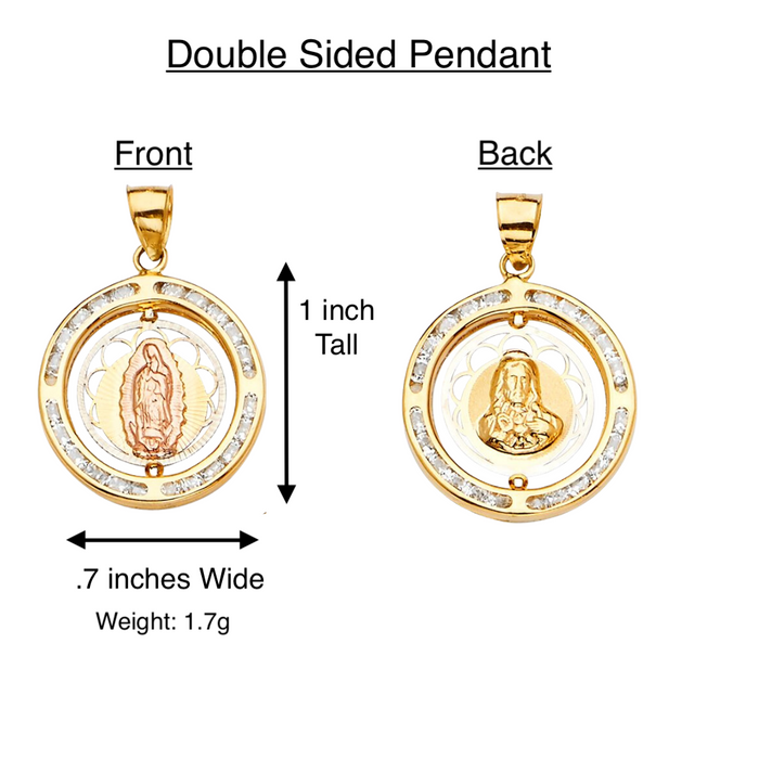 14k Gold Virgin Mary Necklace - Tri Tone Gemstone Double Sided Virgin Mary Sacred Heart Gold Pendant - Solid Chain - LE2322