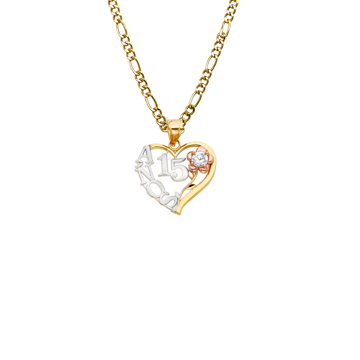 14k Quince Gold Necklace - Tri Tone Gemstone Heart Flower 15 Años Gold Pendant - Solid Chain - LE0358