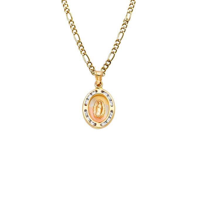 14k Gold Virgin Mary Necklace - Two Tone Gemstone Virgin Mary Gold Pendant - Solid Chain - LE0198