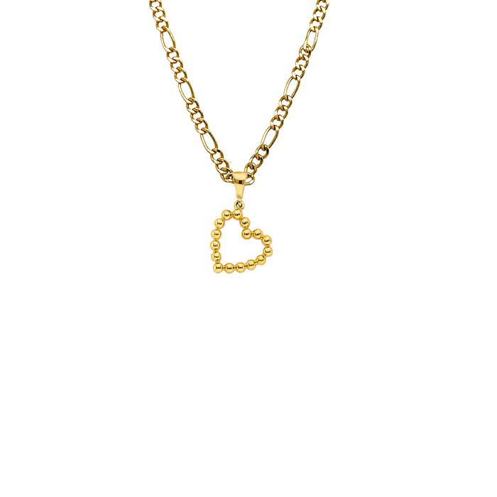 14k Gold Heart Necklace - Beaded Heart Gold Pendant - Solid Chain - LE3135