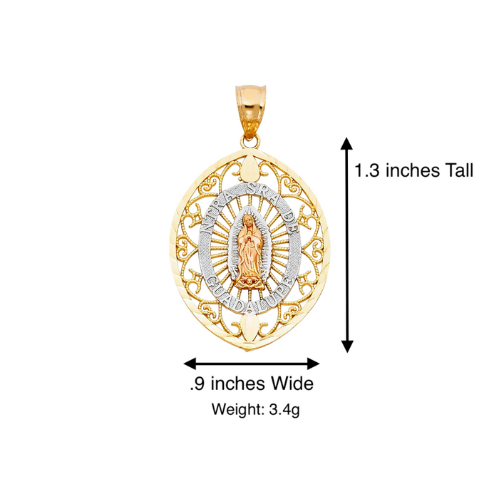 14k Gold Virgin Mary Necklace - Tri Tone Filigrano Oval Guadalupe Virgin Mary Gold Pendant - Solid Chain - LE1104
