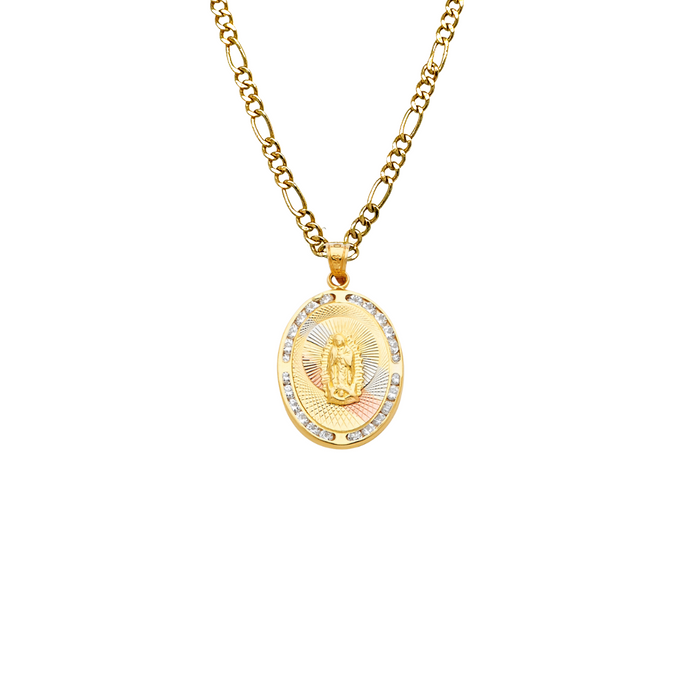 14k Gold Virgin Mary Necklace - Tri Tone Oval Gemstone Virgin Mary Gold Pendant - Solid Chain - LE1306