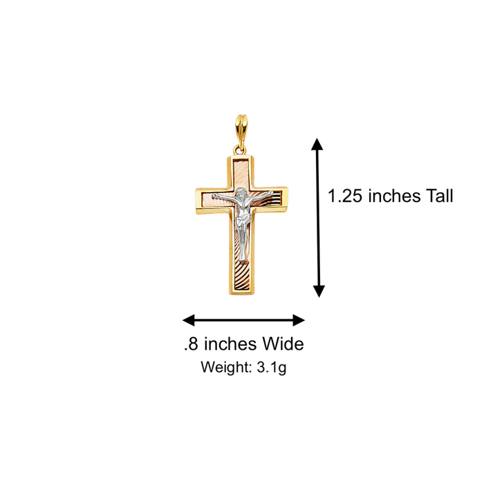 14k Gold Cross Necklace - Two Tone Gold Crucifix - Solid Figaro Chain - LE0864