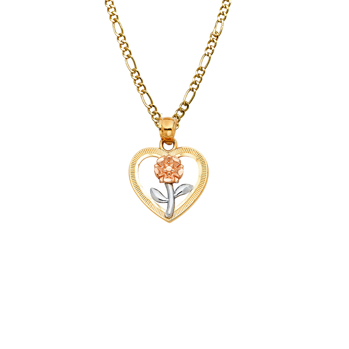 14k Gold Heart Necklace - Tri Tone Flower Gold Heart Pendant - Solid Chain - LE0394