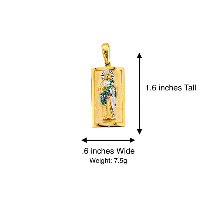 14k Gold San Judas Chain - Two Tone Green Gemstone San Judas Pendant - Solid Chain - LE3073
