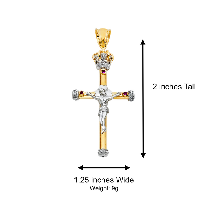 14k Gold Cross Necklace - Crown Gemstone Large Gold Crucifix - Solid Figaro Chain - LE0925