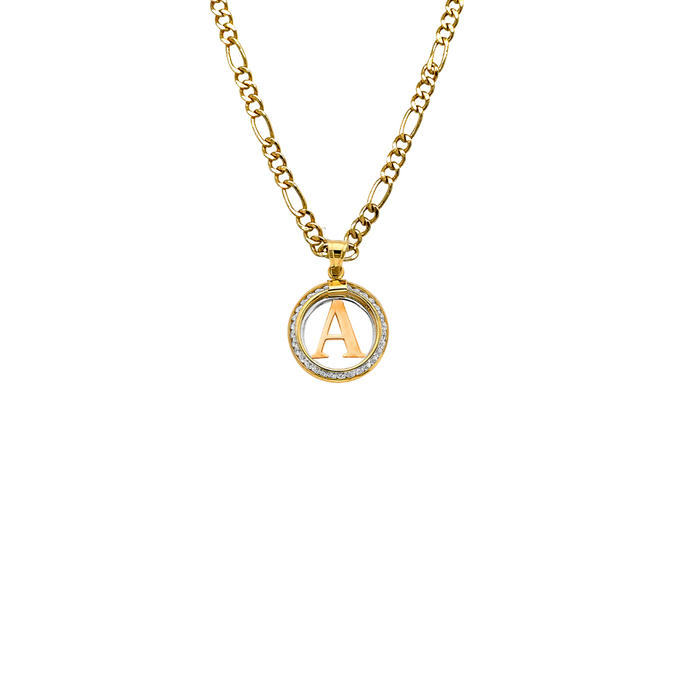 14k Gold Initial Necklace - Round Gemstone Initial Gold Pendant - Solid Figaro Chain - LE3245FC