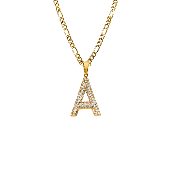 14k Gold Initial Necklace - Gemstone Bubble Initial Gold Pendant - Solid Figaro Chain - LE3243FC