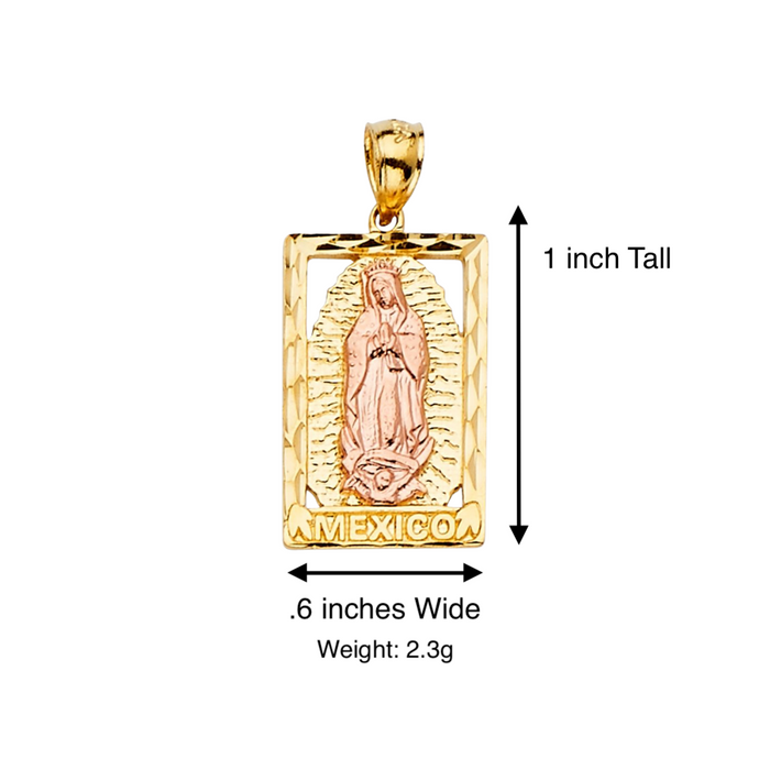14k Gold Virgin Mary Necklace - Rectangle Frame Mexico Virgin Mary Gold Pendant - Solid Chain - LE2282