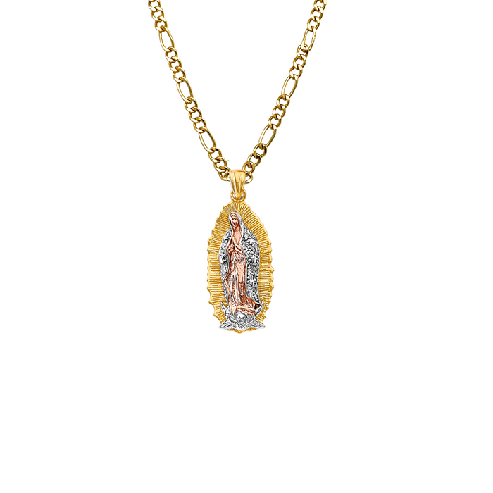 14k Gold Virgin Mary Necklace - Tri Tone Green Gemstone Cloak Virgin Mary Gold Pendant - Solid Chain - LE3180