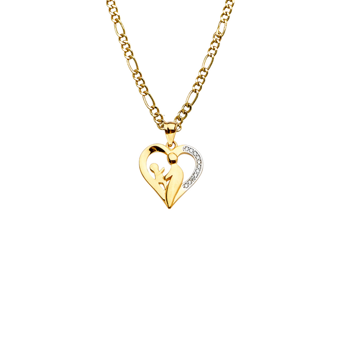 14k Gold Mom Necklace - Mother Child Gemstone Heart Gold Pendant - Solid Chain - LE2385