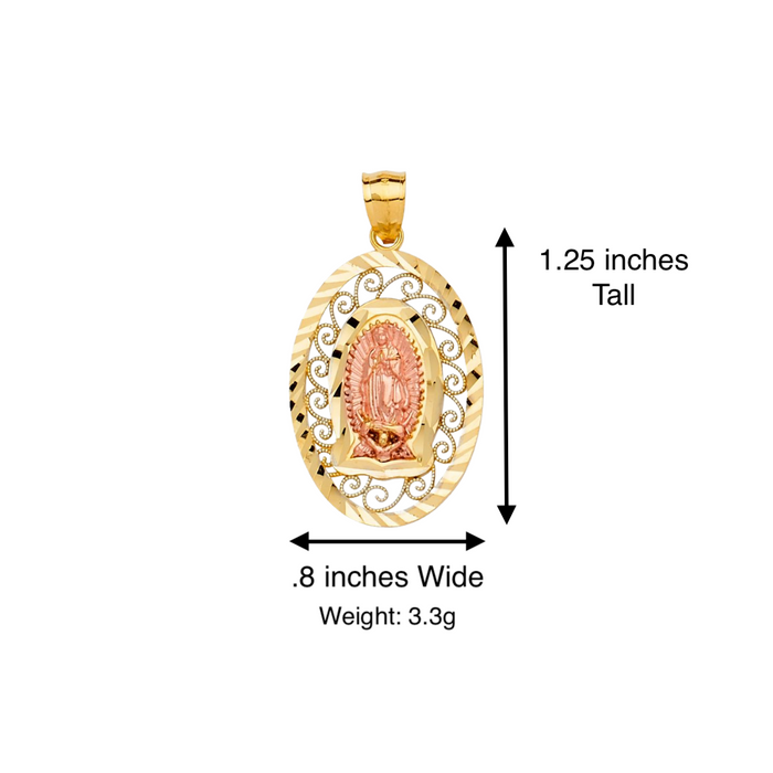 14k Gold Virgin Mary Necklace - Two Tone Oval Filigrano Virgin Mary Gold Pendant - Solid Chain - LE2312