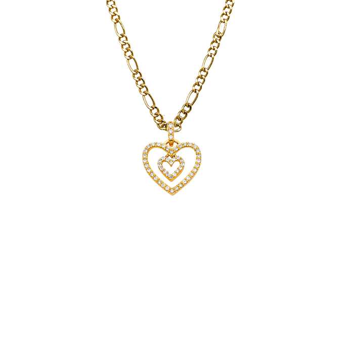 14k Gold Heart Necklace - Double Gemstone Gold Heart Pendant - Solid Chain - LE1773