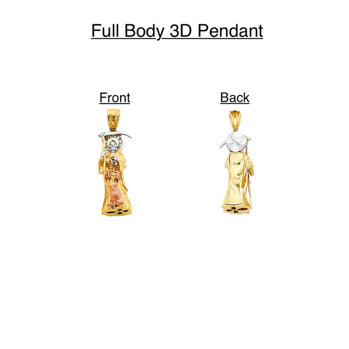 14k Gold Santa Muerte Necklace - Two Tone 3D Full Body Gemstone Santa Muerte Gold Pendant - Solid Chain - LE3233