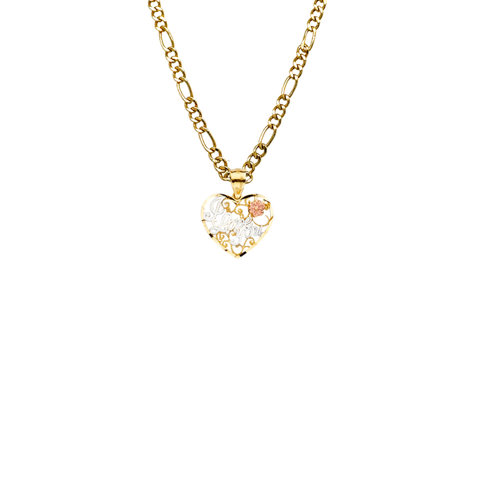 14k Gold Heart Necklace - Tri Tone I Love You Flower Gold Heart Pendant - Solid Chain - LE2377