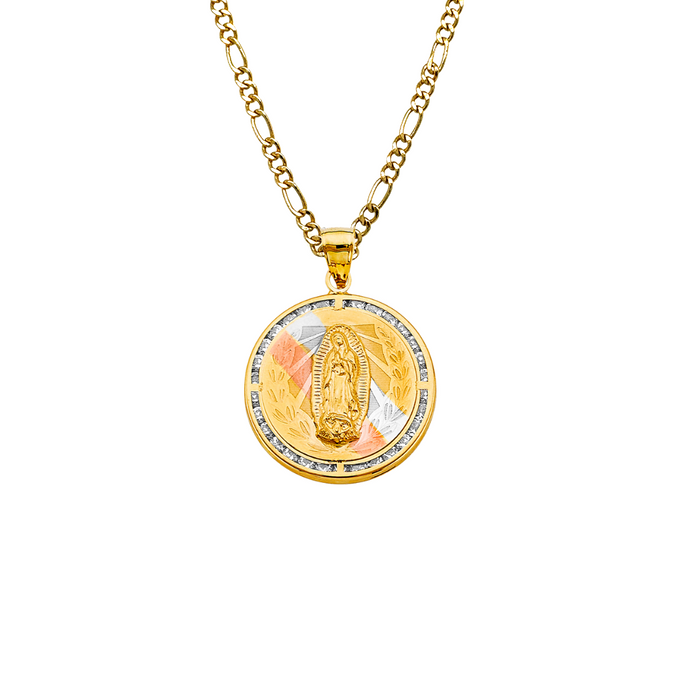 14k Gold Virgin Mary Necklace - Tri Tone Round Gemstone Virgin Mary Gold Pendant - Solid Chain - LE2722